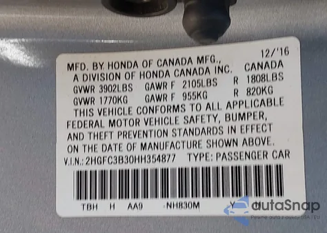 2017 Honda Civic Ex-T z USA, uszkodzony, nr VIN 2HGFC3B30HH354877